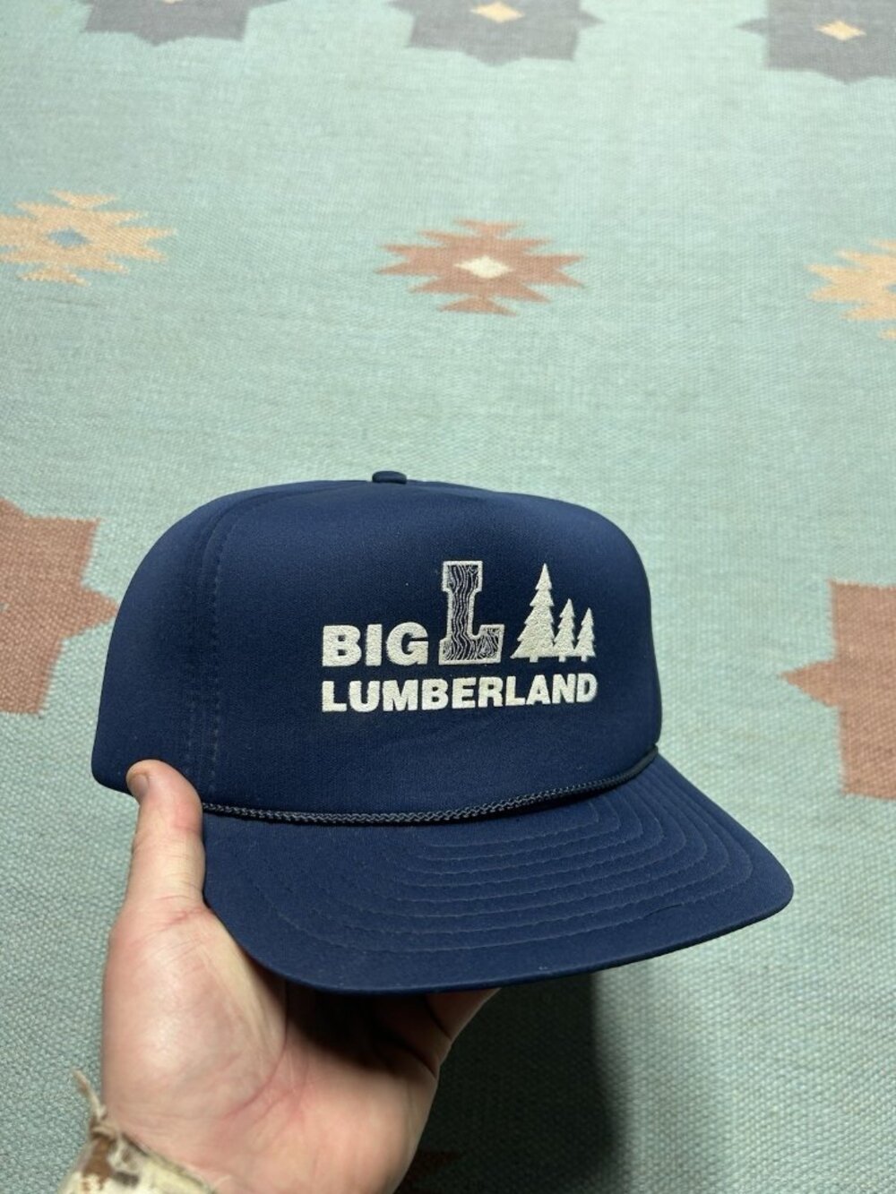 Vintage SnapBack hat mesh cap Big L lumberland Michigan navy lumber wood